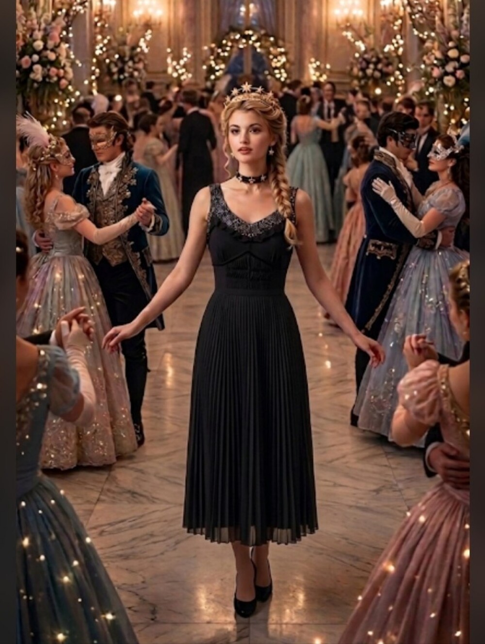 Per Chi Vintage 90s Y2k Elegant Black Pleated Silk Midi Dress Beaded Neckline, M